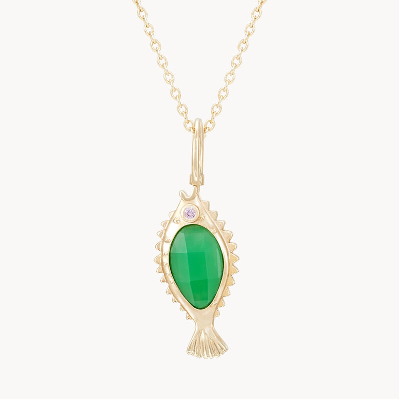poisson de liberté chrysoprase fish charm - 10k yellow gold, chrysoprase, pink sapphire, diamond
