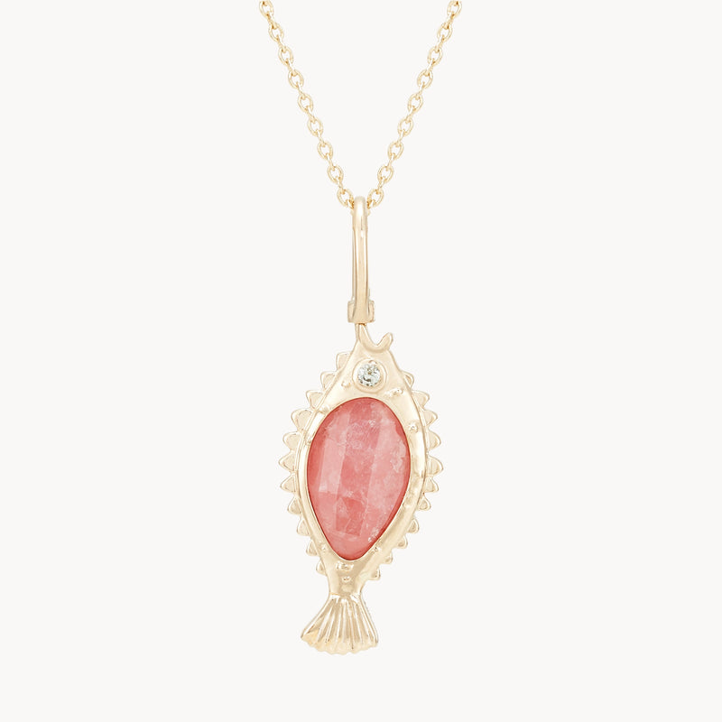 poisson de liberté rhodochrosite fish charm - 10k yellow gold, rhodochrosite, pink sapphire, diamond