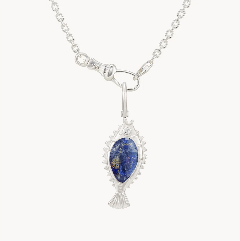 poisson de liberté lapis lazuli fish charm - sterling silver, lapis lazuli, diamond
