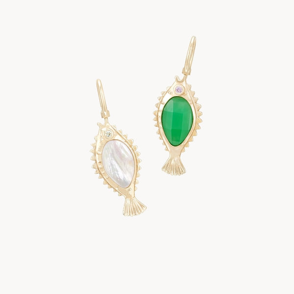 poisson de liberté duo - 10k yellow gold, mother of pearl, chrysoprase,