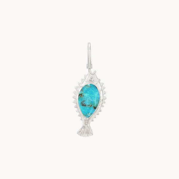 poisson de liberté turquoise fish charm - sterling silver, turquoise and diamond
