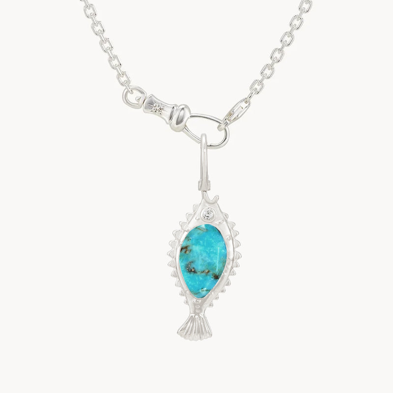 poisson de liberté turquoise fish charm - sterling silver, turquoise and diamond