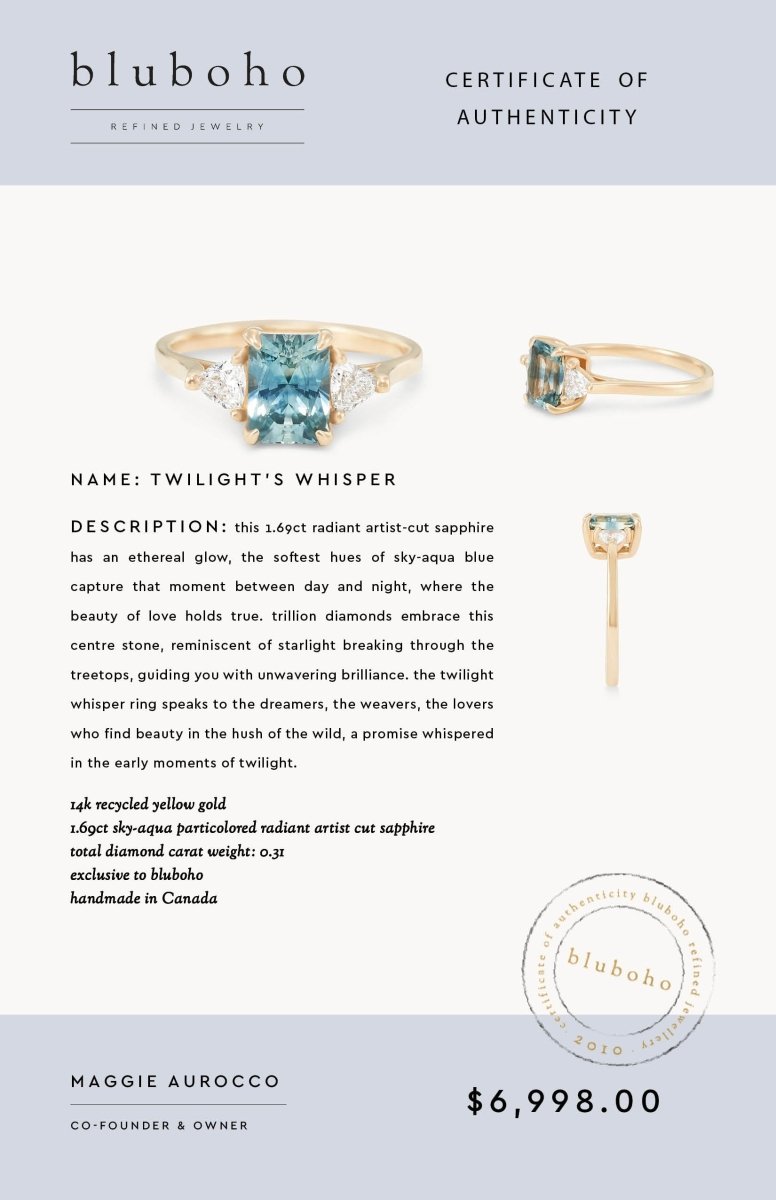 twilight’s whisper one-of-a-kind ring - 14k yellow gold, radiant cut sapphire