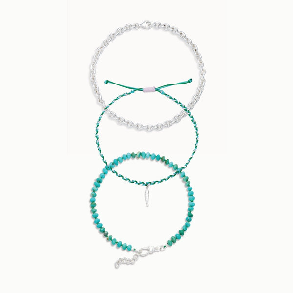 wanderer's way turquoise anklet trio - sterling silver, turquoise, braided cord