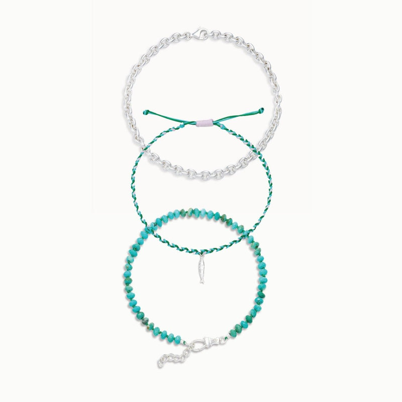 wanderer's way turquoise anklet trio - sterling silver, turquoise, braided cord