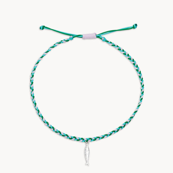little fish cord anklet - sterling silver lavender, teal, green cord