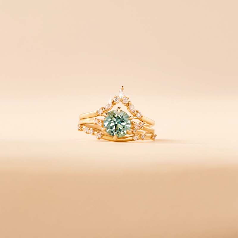 happenstance lovers one-of-a-kind ring - 14k yellow gold, round sapphire, diamonds