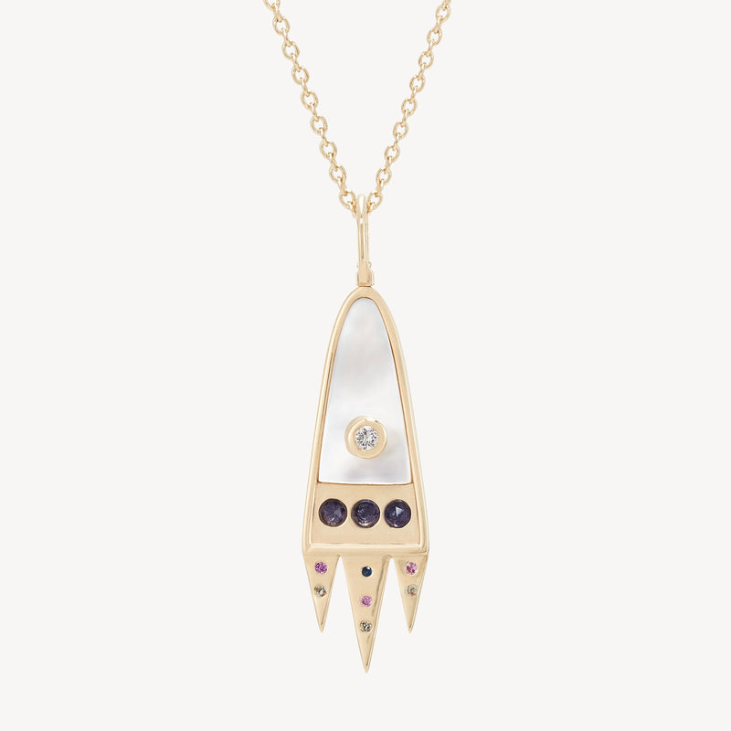 meet me moonside spaceship charm - 10k yellow gold, mother of pearl, sapphires