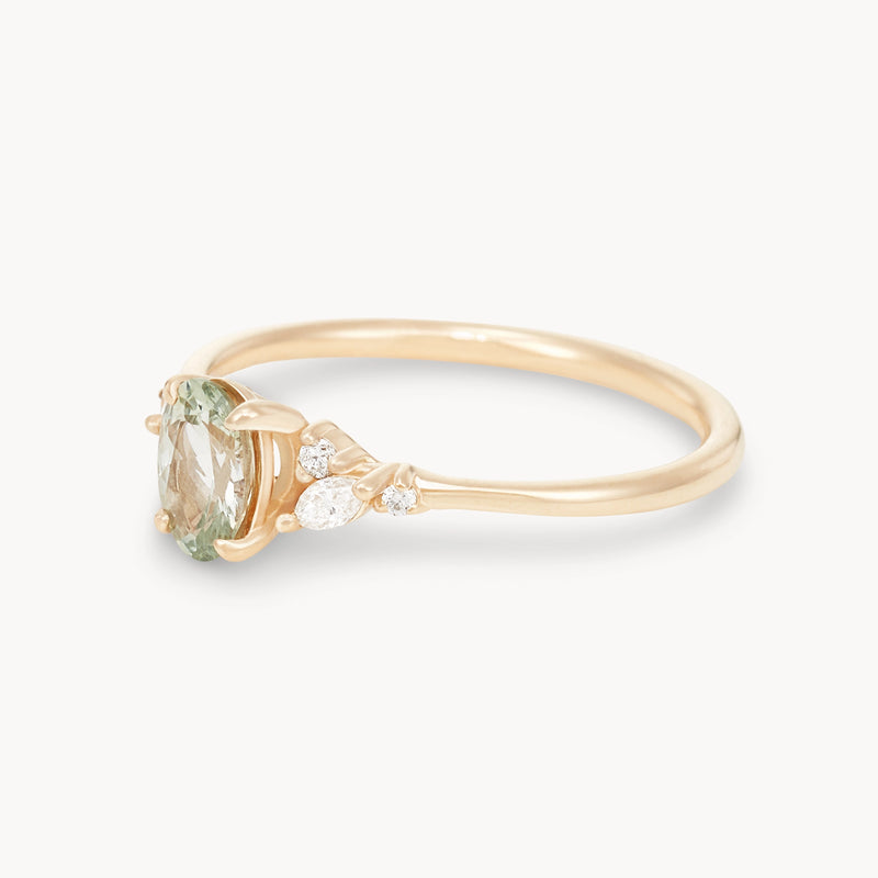 love's reverie one-of-a-kind ring - 14k yellow gold ring, celadon oval cut sapphire