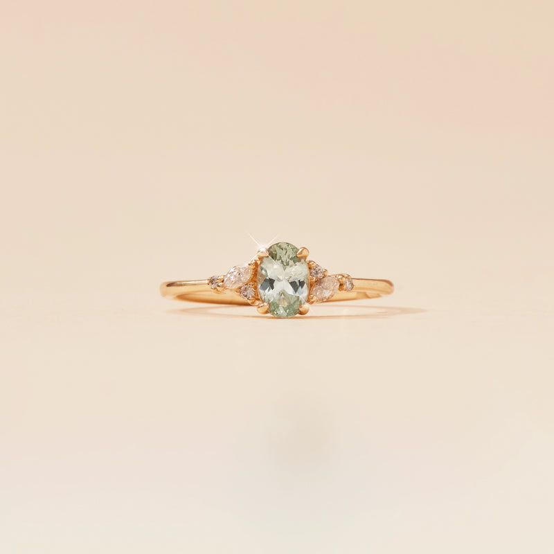 love's reverie one-of-a-kind ring - 14k yellow gold ring, celadon oval cut sapphire