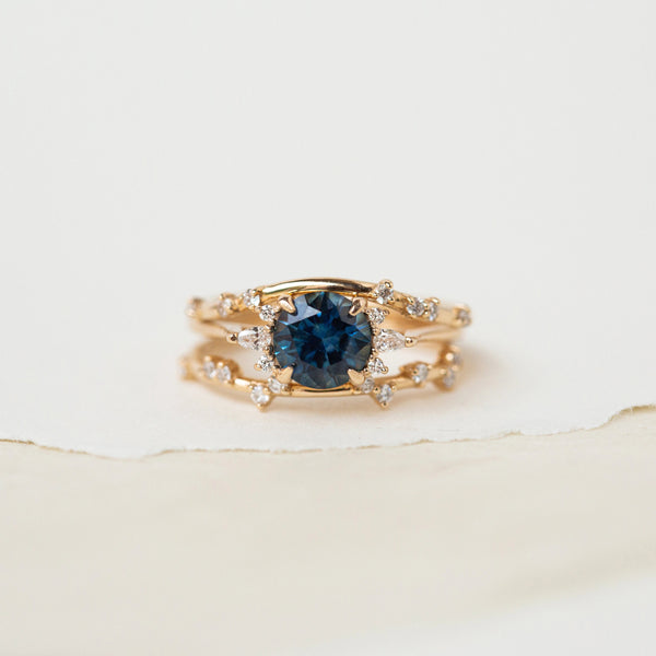 midnight blue moon one-of-a-kind engagement ring - 14k yellow gold ring, round blue sapphire front