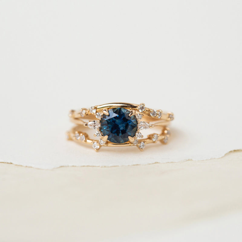 midnight blue moon one-of-a-kind engagement ring - 14k yellow gold ring, round blue sapphire front