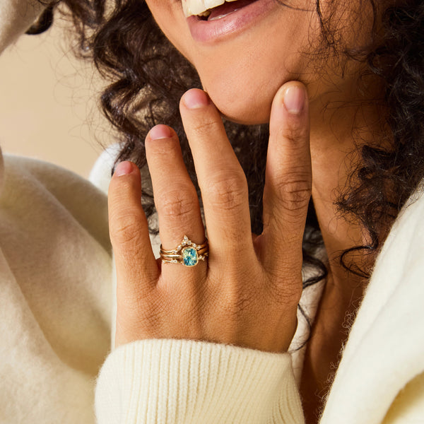 our cosmic meeting  one-of-a-kind ring - 14k yellow gold, Montana radiant cut sapphire