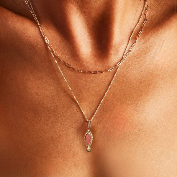 poission de liberte necklace bundle - 10k yellow gold, rhodochrosite, ruby, diamond