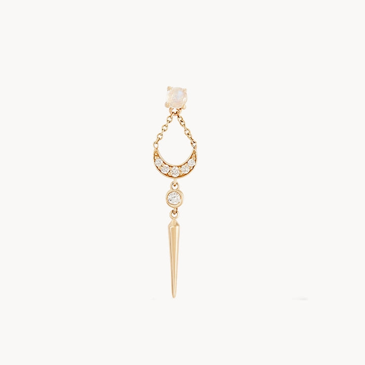 Introducing the bluboho sacred geometry moonstone earring, a delicate 14k yellow gold piece featuring a small round moonstone at the top, connected to a gold crescent adorned with three smaller gems, a single gem below, and finished with a pointed, spike-like gold pendant hanging beneath—all elegantly arranged in a vertical line.