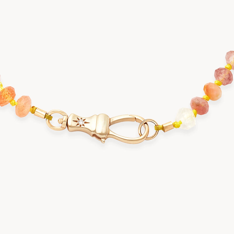 sunset multicolor gemstone beaded mood bracelet - 10k yellow gold, diamond, hand carved gemstones
