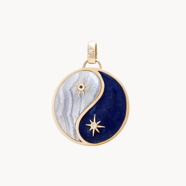 sea and sky yin yang charm - 10k yellow gold, lapis, blue lace agate, diamonds