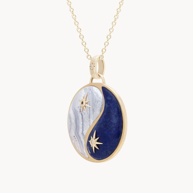 sea and sky yin yang charm - 10k yellow gold, lapis, blue lace agate, diamonds