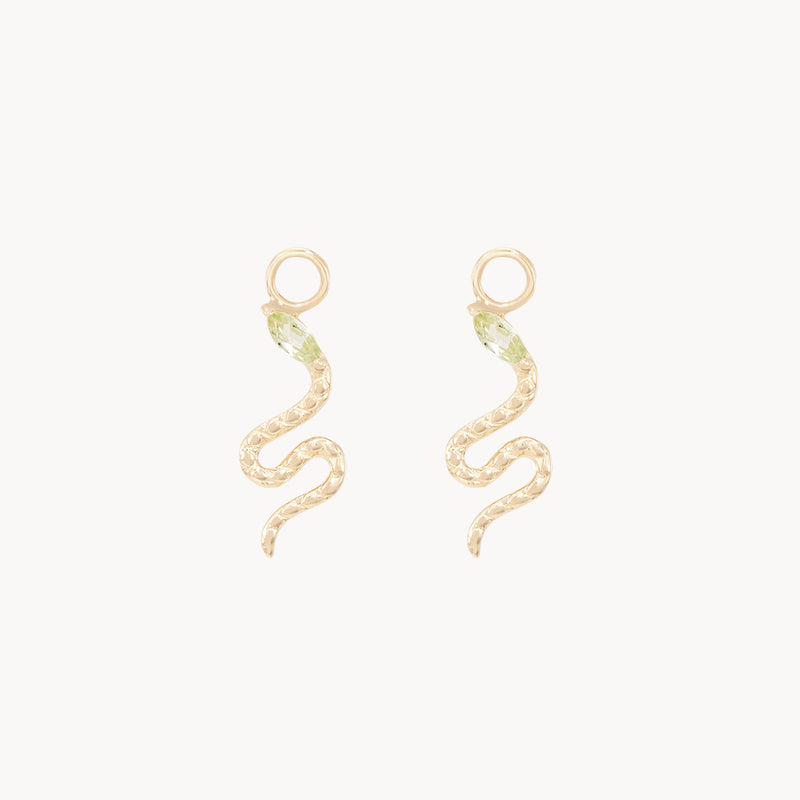 revival snake green tourmaline earring charm - 10k yellow gold, natural green tourmaline gemstone