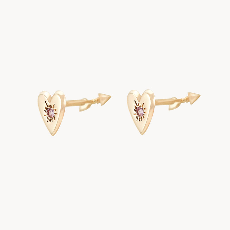 heart and arrow reversible flat back earrings - 14k yellow gold, pink sapphire