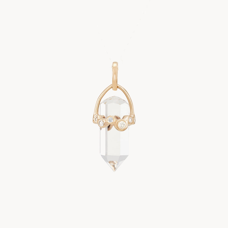 moonlit journey quartz amulet with diamonds - 10k yellow gold, clear quartz, diamonds