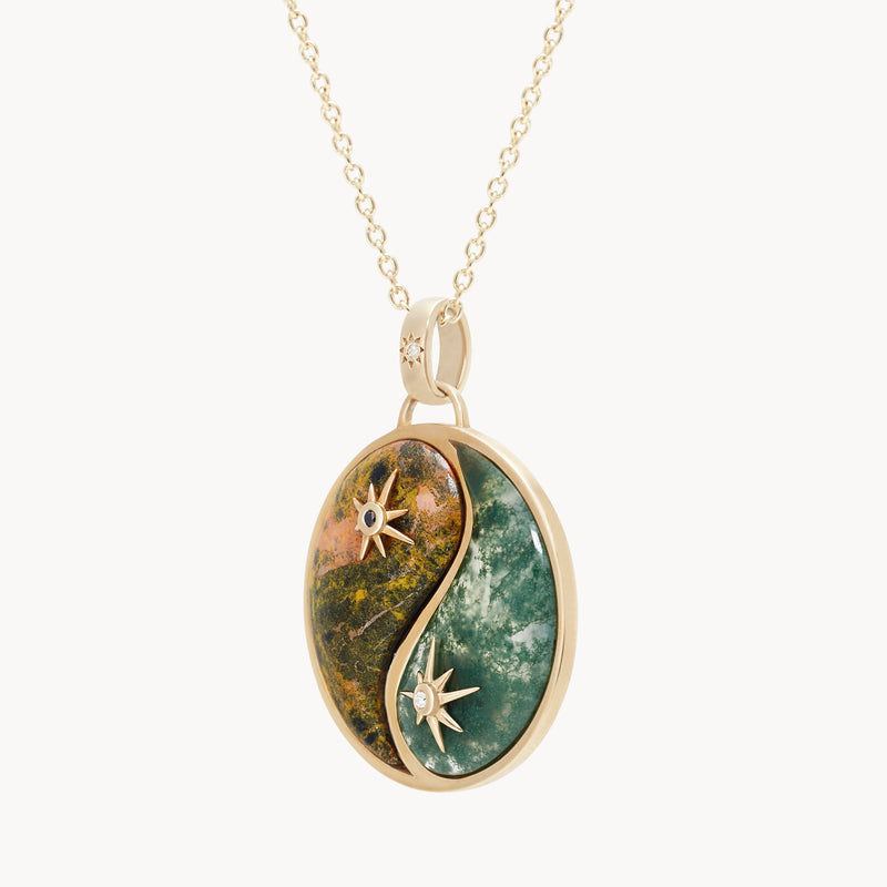 sun and earth yin yang charm - 10k yellow gold, bumblebee jasper, moss agate, diamonds