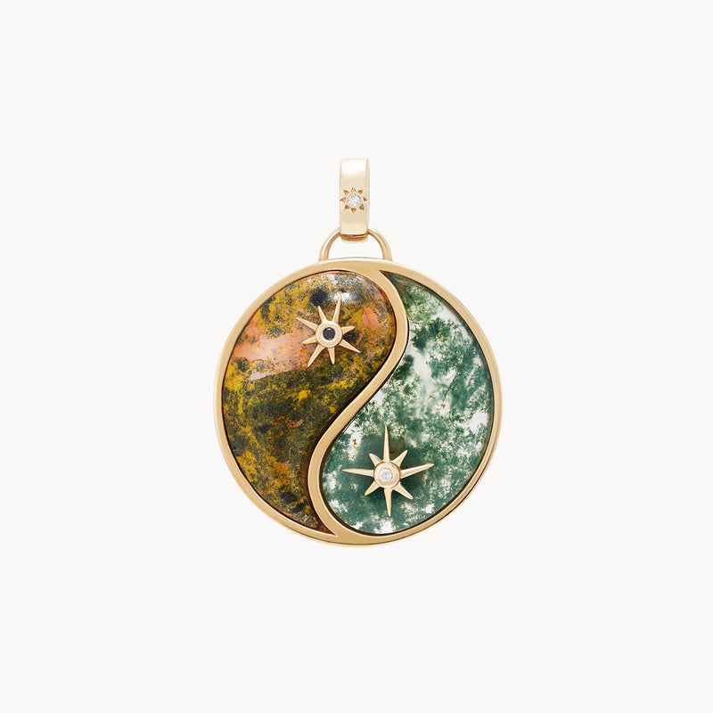 sun and earth yin yang charm - 10k yellow gold, bumblebee jasper, moss agate, diamonds