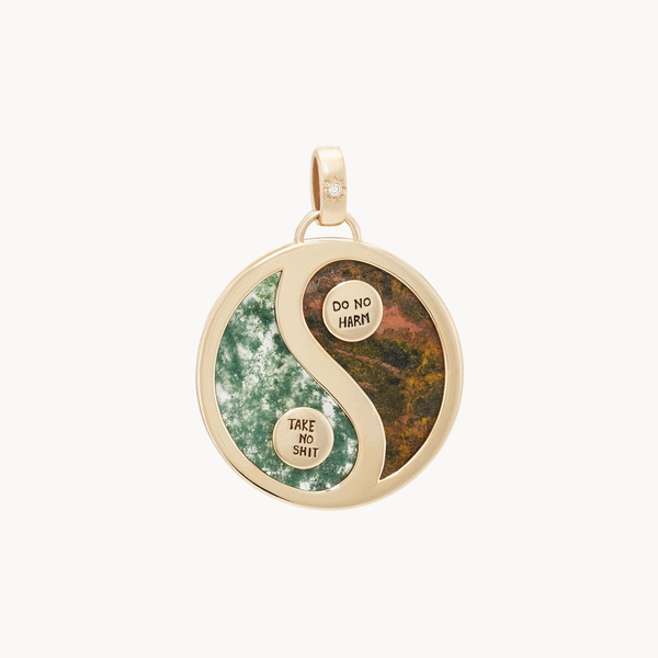 sun and earth yin yang charm - 10k yellow gold, bumblebee jasper, moss agate, diamonds