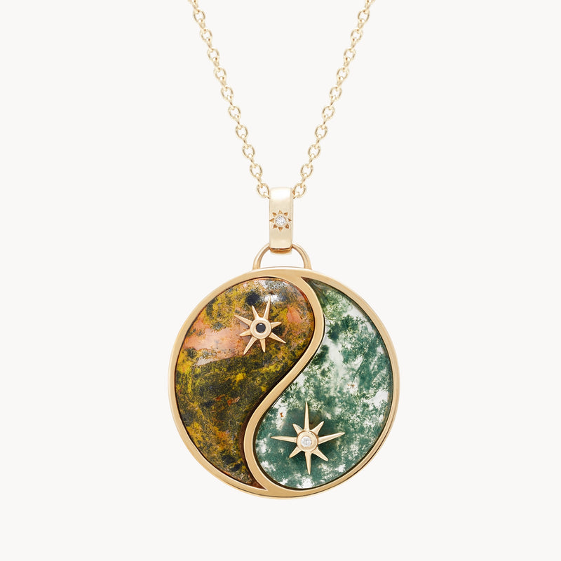 sun and earth yin yang charm - 10k yellow gold, bumblebee jasper, moss agate, diamonds