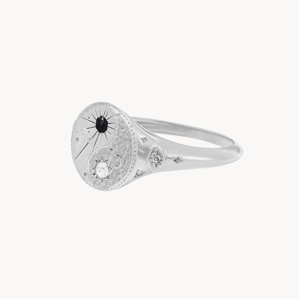 orbital harmony yin yang signet ring - sterling silver, black spinel and moonstone