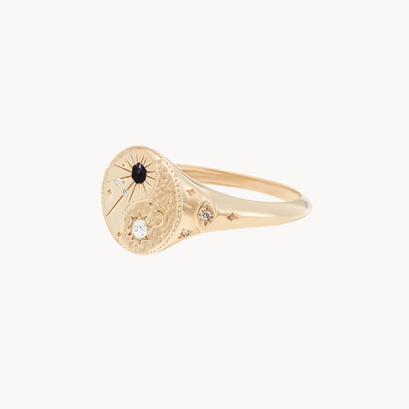 orbital harmony yin yang signet ring - 14k yellow gold, black and white diamonds