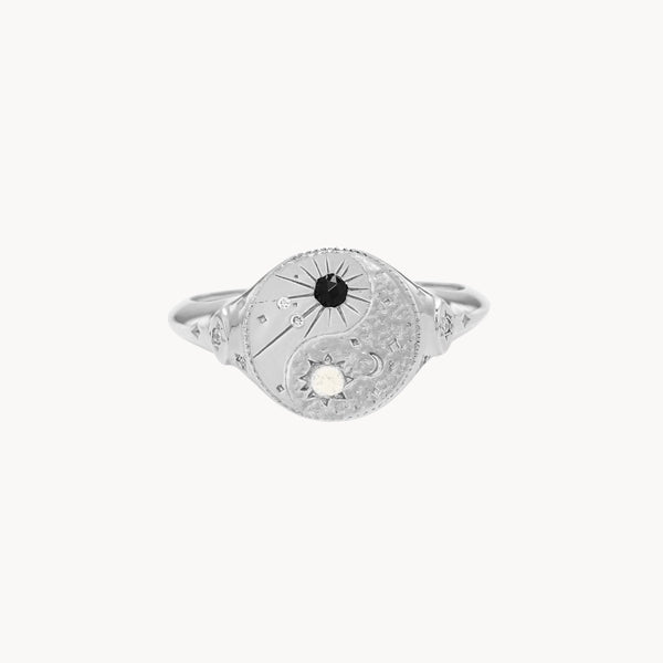 orbital harmony yin yang signet ring - sterling silver, black spinel and moonstone