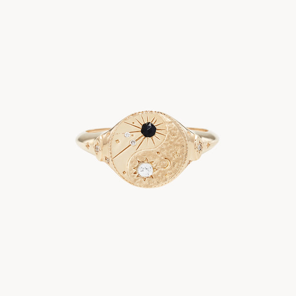 orbital harmony yin yang signet ring - 14k yellow gold, black and white diamonds