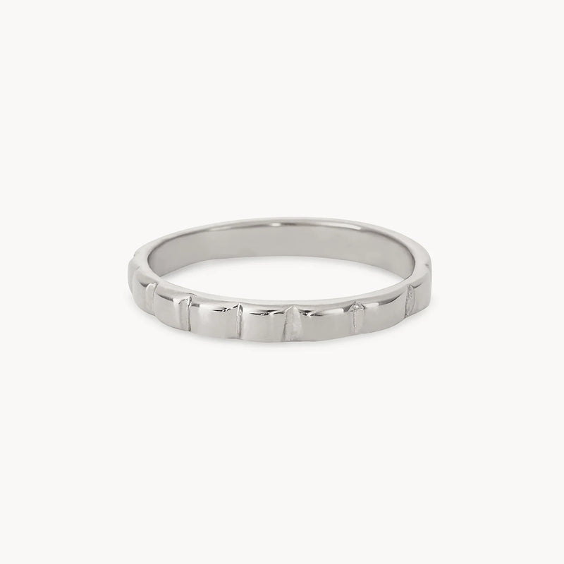 A close-up of the peaks and valleys ring - sterling silver by bluboho against a plain white background. The simple, silver-colored ring features a smooth, polished finish with subtle, evenly spaced horizontal grooves around its circumference, giving it a slightly textured appearance.