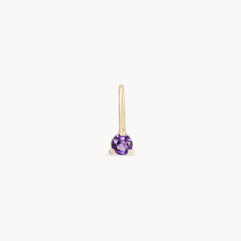 Introducing the "Serendipity February Birthstone Charm" by bluboho, a minimalist earring crafted from 10k yellow gold. It features a single round-cut amethyst securely set in a simple prong setting. This elegant and understated design is perfect for various occasions, with its details beautifully emphasized against a plain white background.