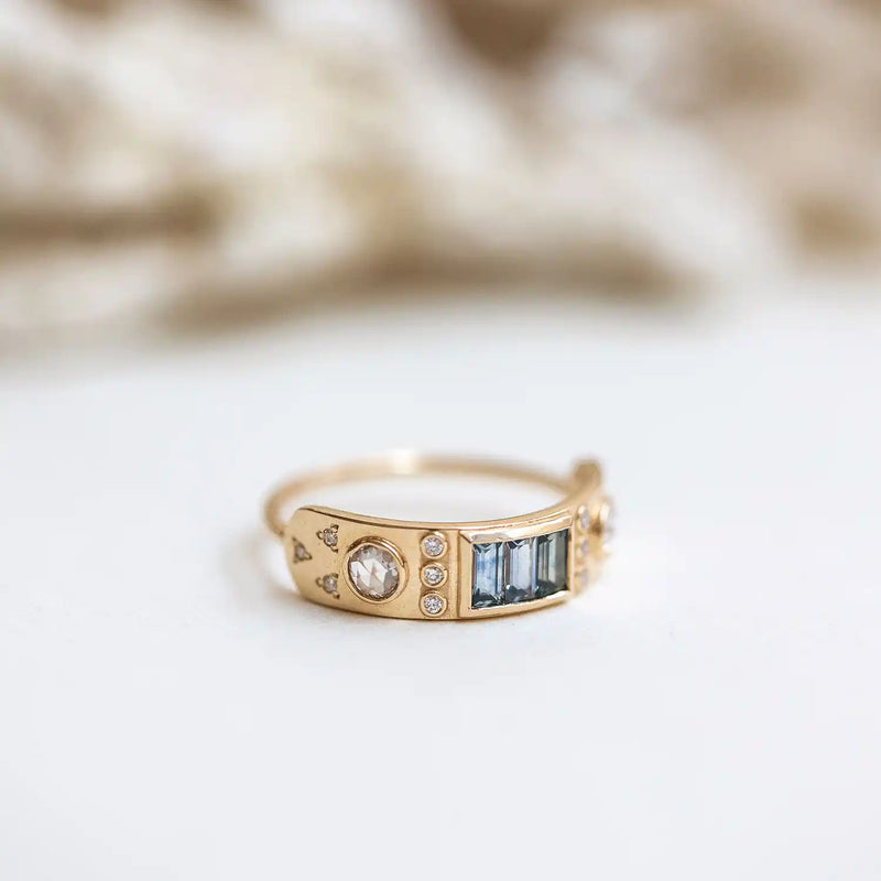 blue lagoon ring - 14k yellow gold, blue sapphire, white diamond