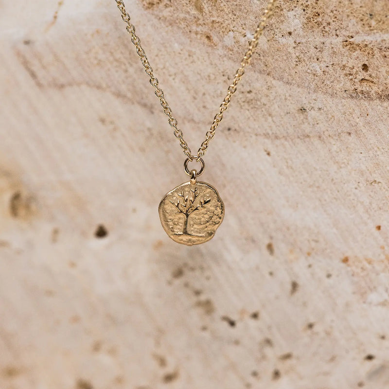 tree of life little coin pendant necklace - 14k yellow gold