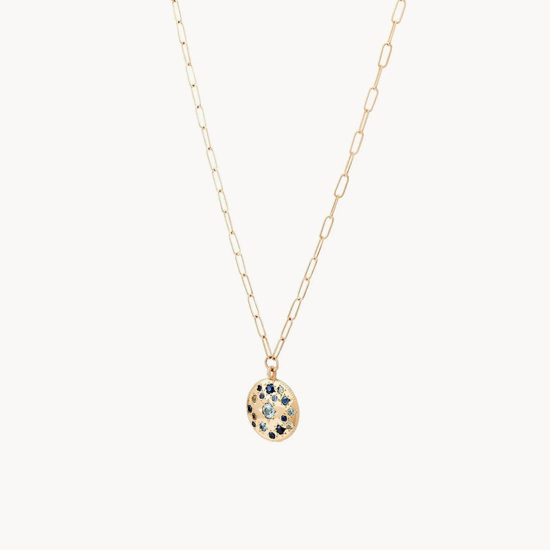 tie dye moonchild medallion necklace - 14k yellow gold, blue sapphire jewelry, 20" angle