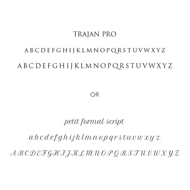 An image showcasing text samples of two distinct fonts. The first font, "Trajan Pro," features uppercase letters ranging from A to Z. The second font, "petit formal script," displays a combination of both lowercase and uppercase letters from A to Z, much like the elegance you’d find in the engravings on a legacy ring - 10k yellow gold by bluboho.