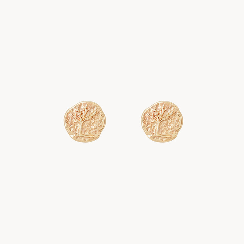 A pair of Bluboho's Tree of Life stud earrings in 14k yellow gold, featuring a textured design with an engraved tree in the center. The circular earrings have slightly irregular edges and a polished finish, set against a white background that highlights their intricate details.