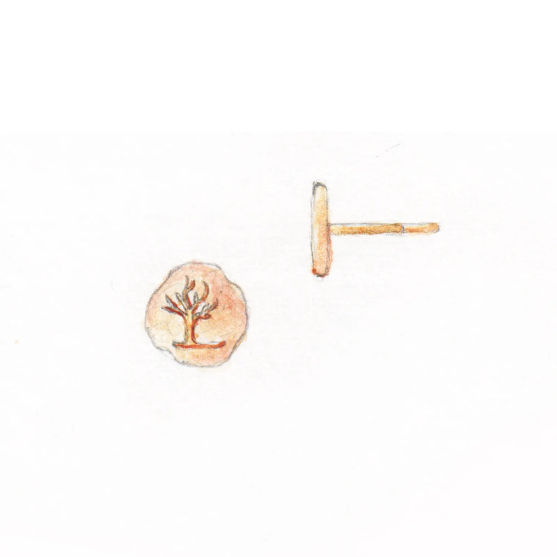 A drawing of the "Tree of Life Stud Earring" by bluboho. The round fronts are adorned with an image of a tree with spreading branches, crafted in 14k yellow gold. The backing is simple and straight, featuring a flat end to secure the earring in place. The illustration uses soft, muted colors to enhance its elegance.